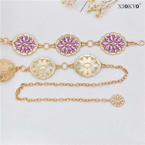 Bling Rhinestone Concho Belt Gold Metal Western Pink Crystal Chain Belt Sparkly